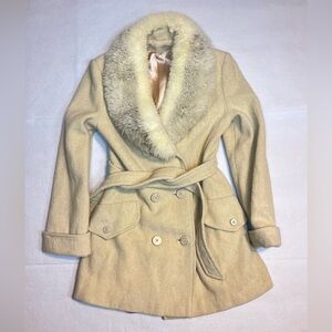 Vintage 1970s Brown Wool Coat M Fur collar Pea Long Pockets Beige Lassie JR